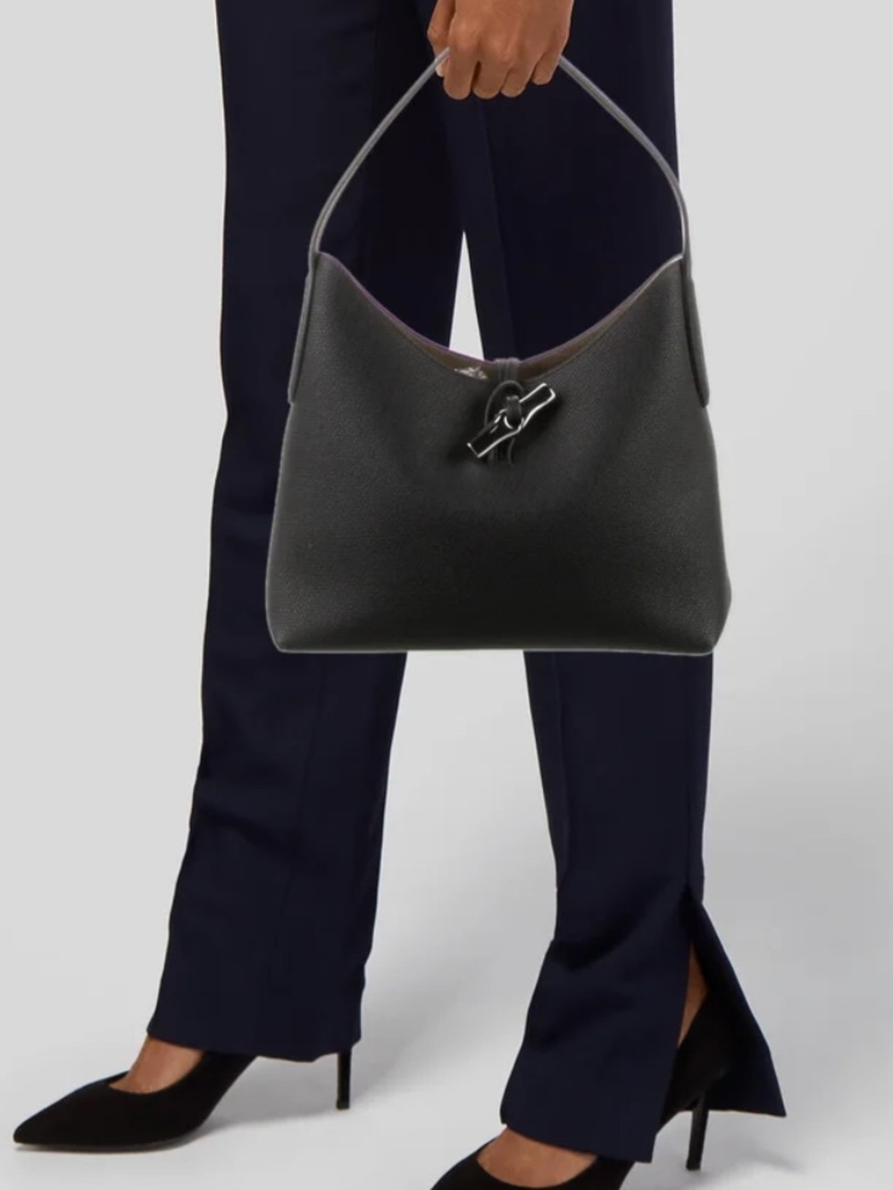 Longchamp Le Roseau Black Grained Cowhide Leather Small Hobo Bag NWOT RARE - Picture 9 of 9